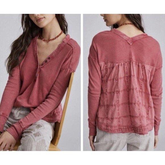 Anthropologie Pilcro Top Womens Small Red Mineral Wash Swing Henley Patchwork - Picture 1 of 8